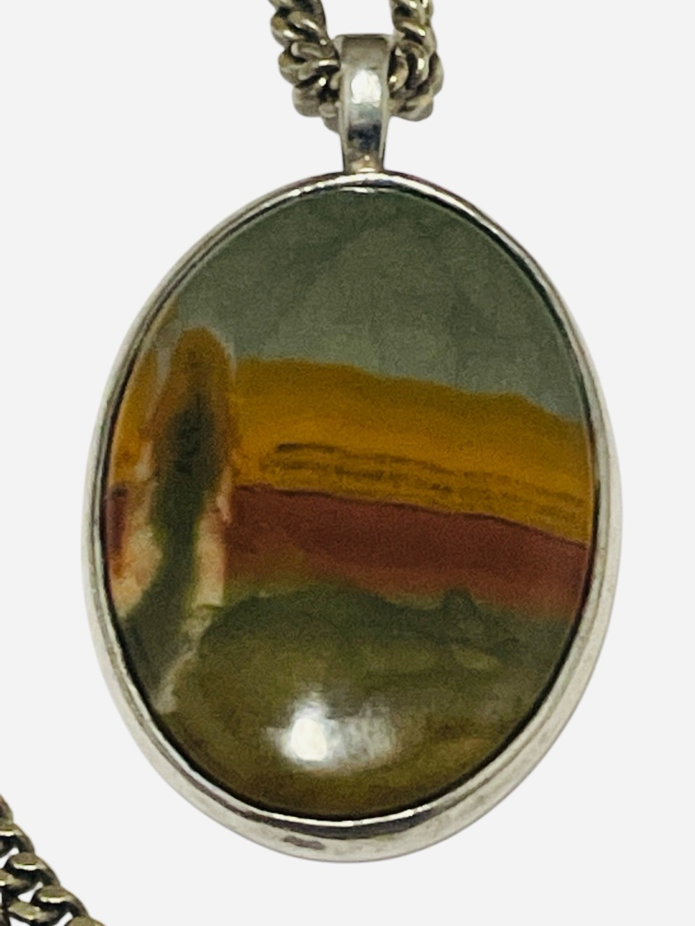 Vintage Sterling Silver Landscape Jasper Pendant Necklace Oval Picture